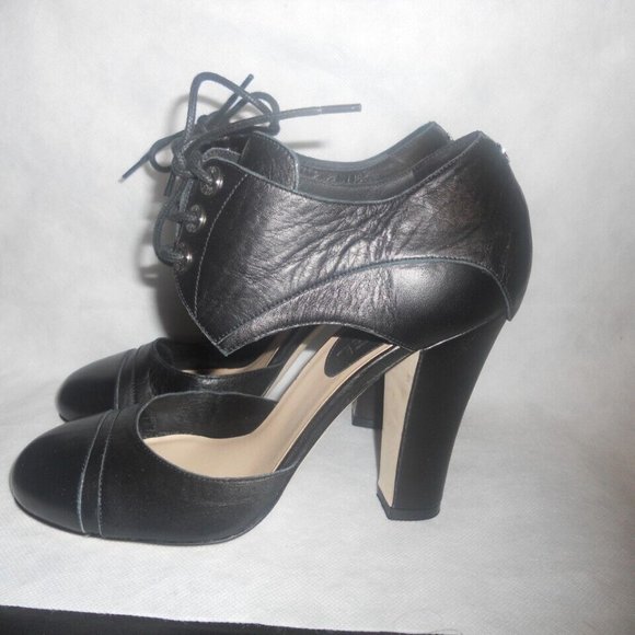 CHANEL Black Leather Cinema Mary Jane Lace Tie Up Pumps Shoes Heels - Picture 6 of 14